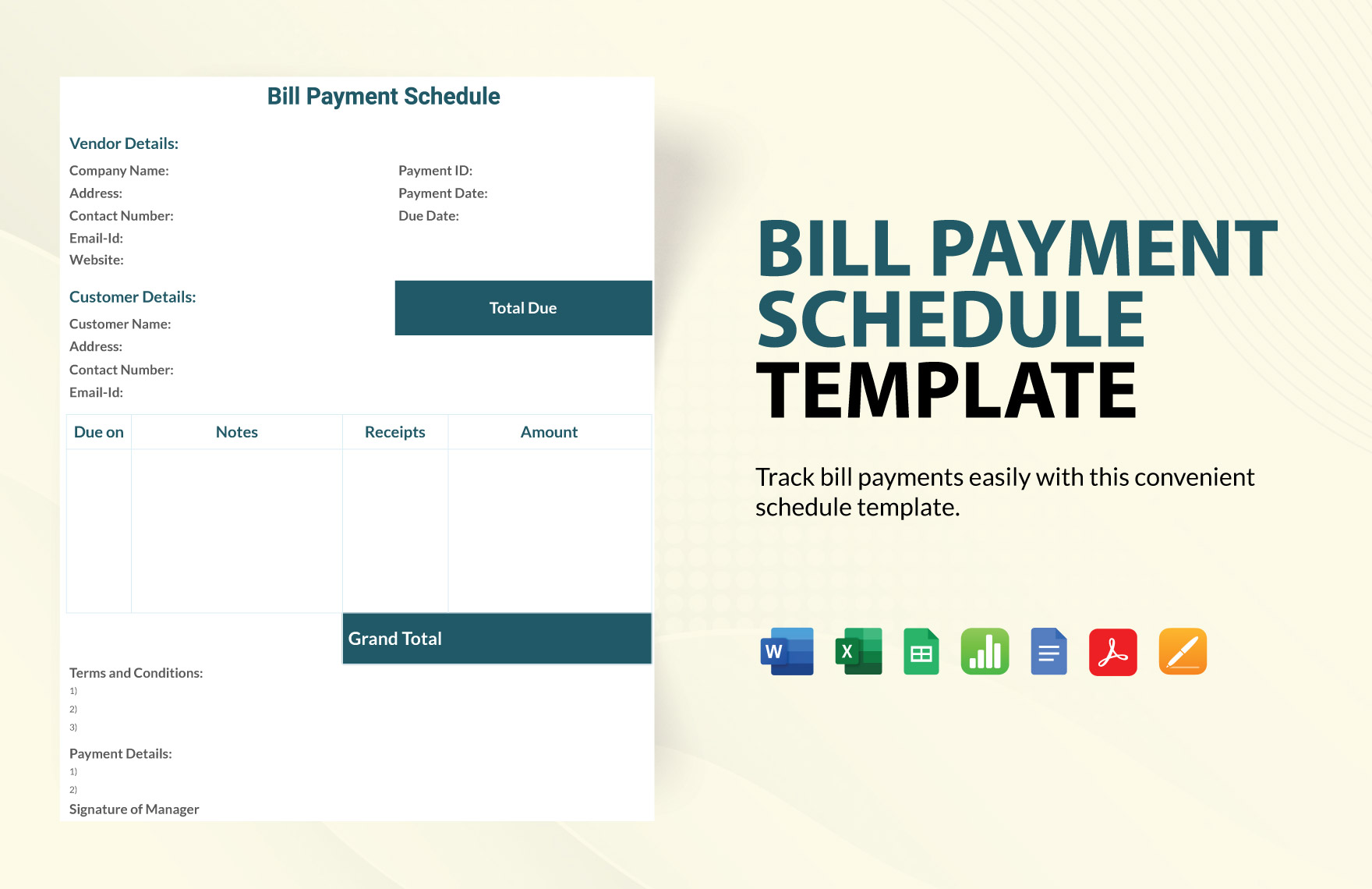 Bill Payment Schedule Template in Pages, Word, Apple Numbers, PDF, Excel, Google Sheets, Google Docs - Download | Template.net