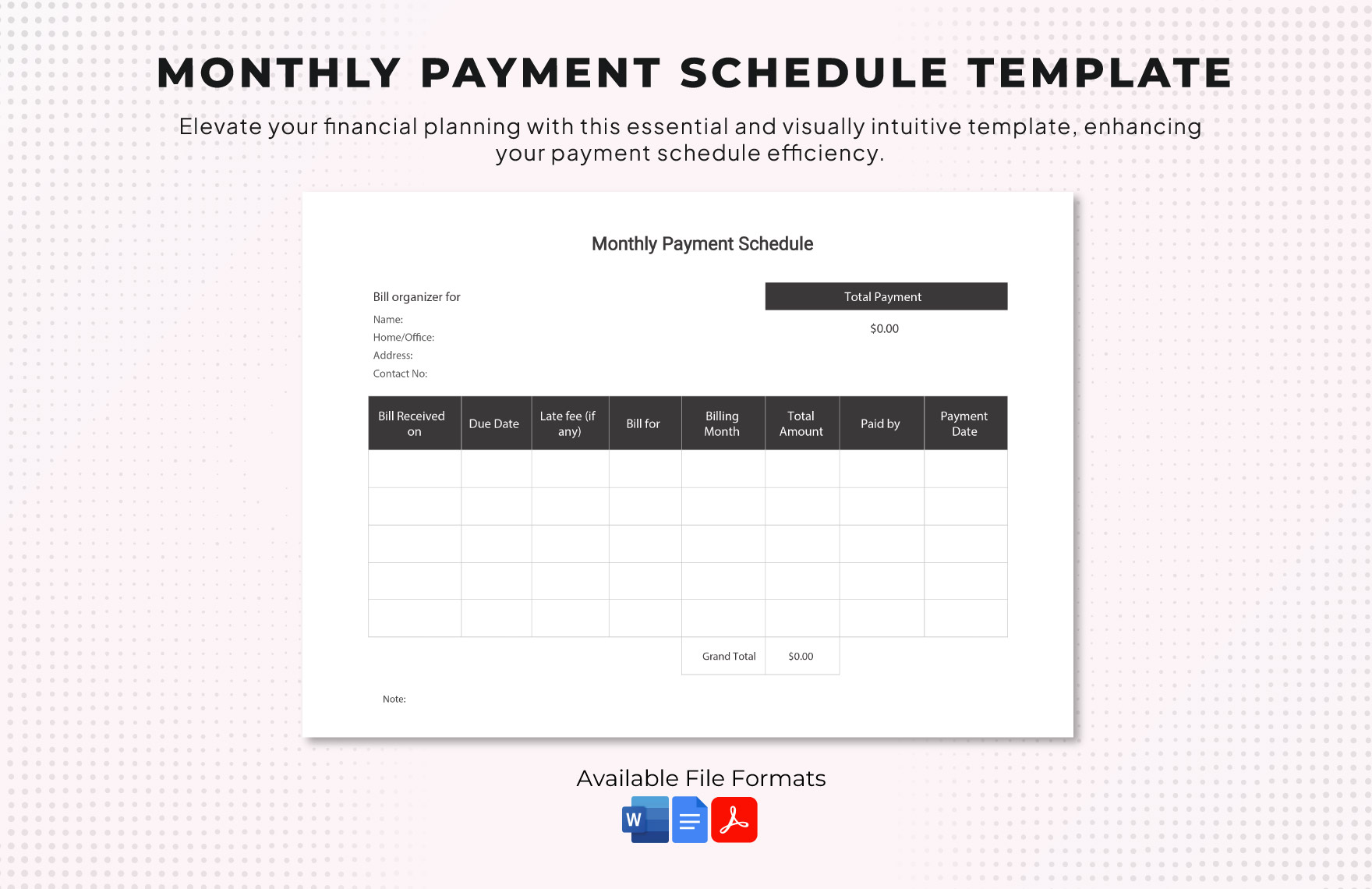 Monthly Payment Schedule Template in PDF, Excel, Apple Numbers, Pages, Word, Google Sheets, Google Docs - Download | Template.net