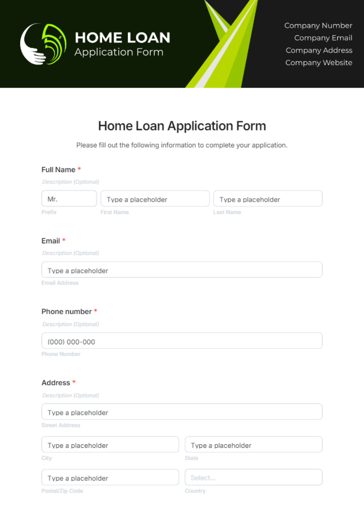 Free Home Loan Application Form Template