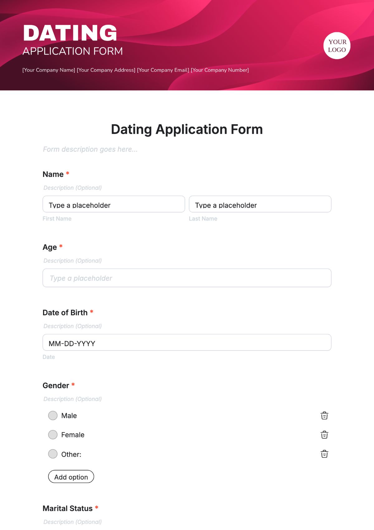 Free Dating Application Form Template