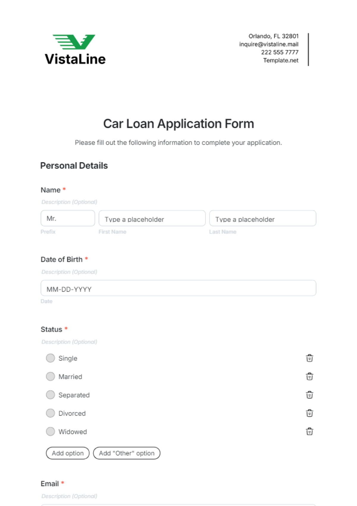 Free Car Loan Application Form Template