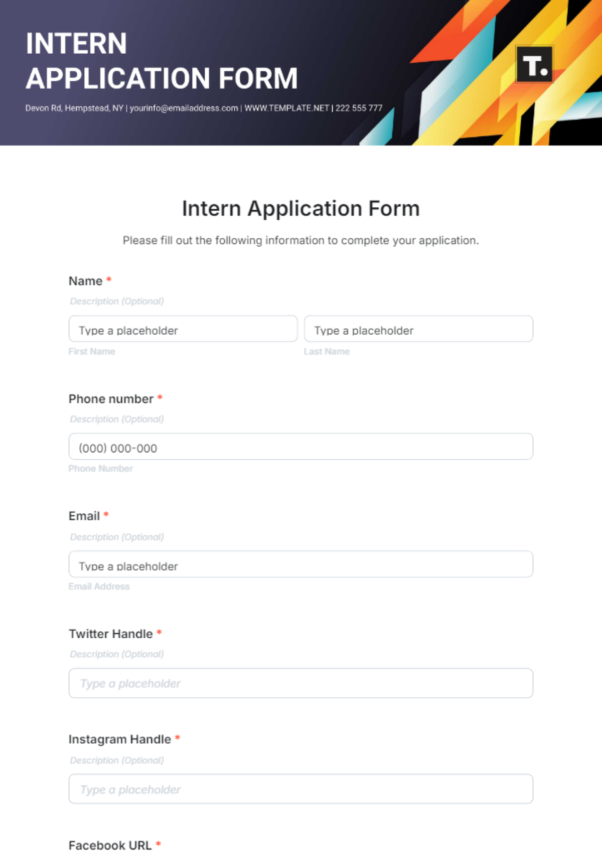 Free Intern Application Form Template