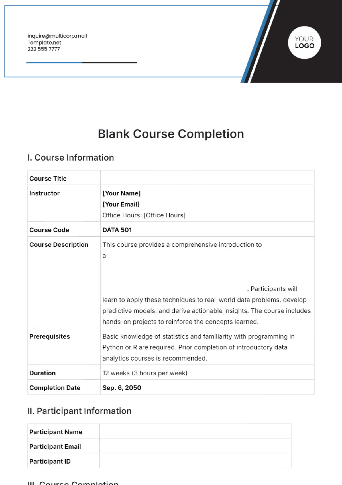 Blank Course Completion Template