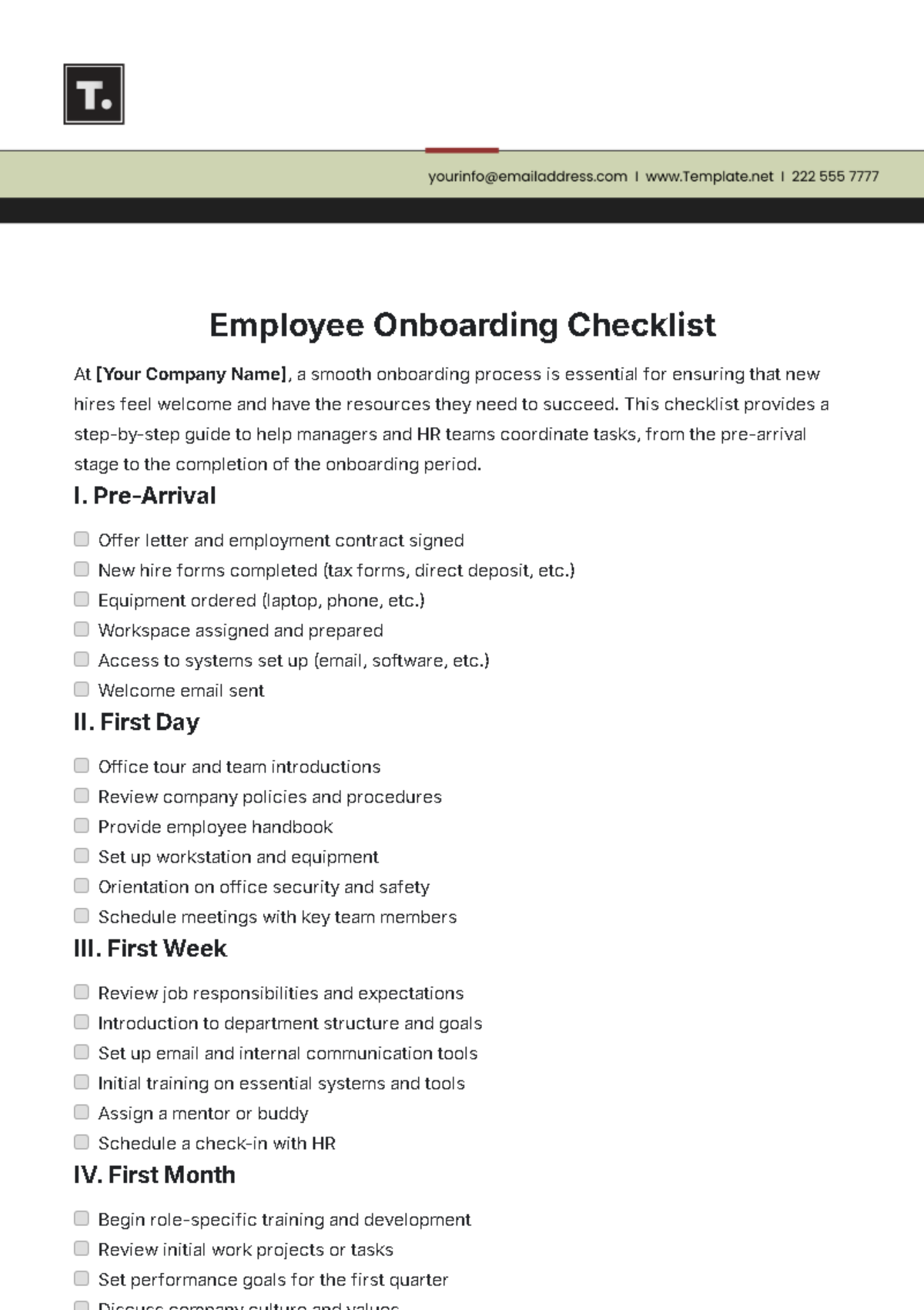 Free Employee Onboarding Checklist Template