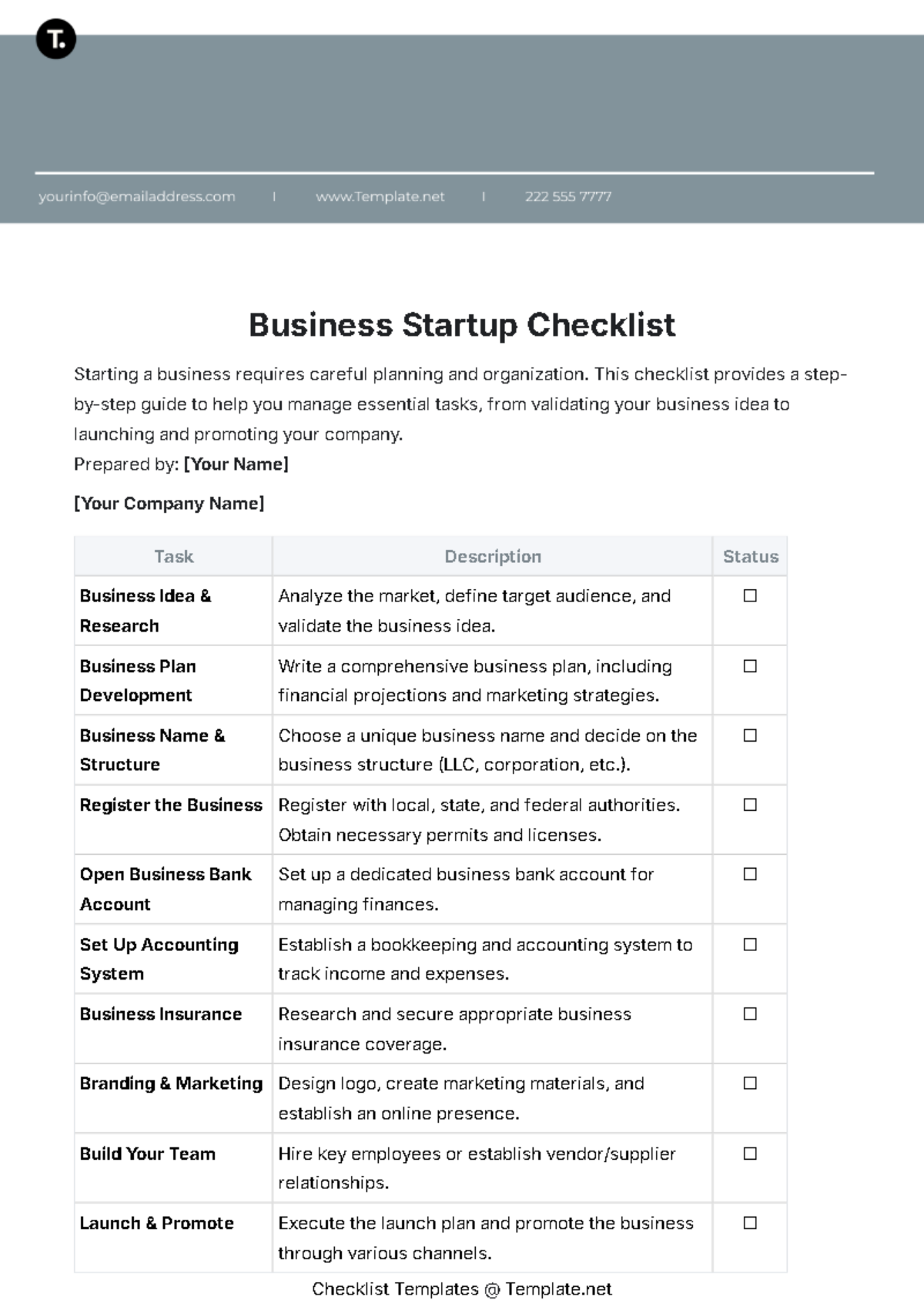 Free Business Startup Checklist Template