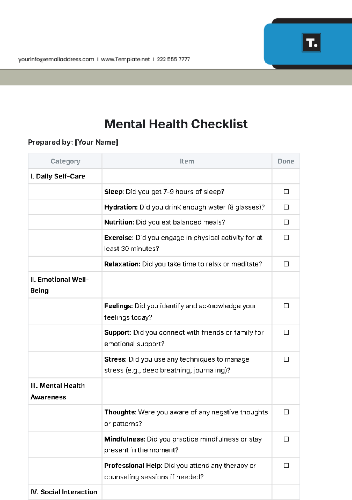 Free Mental Health Checklist Template