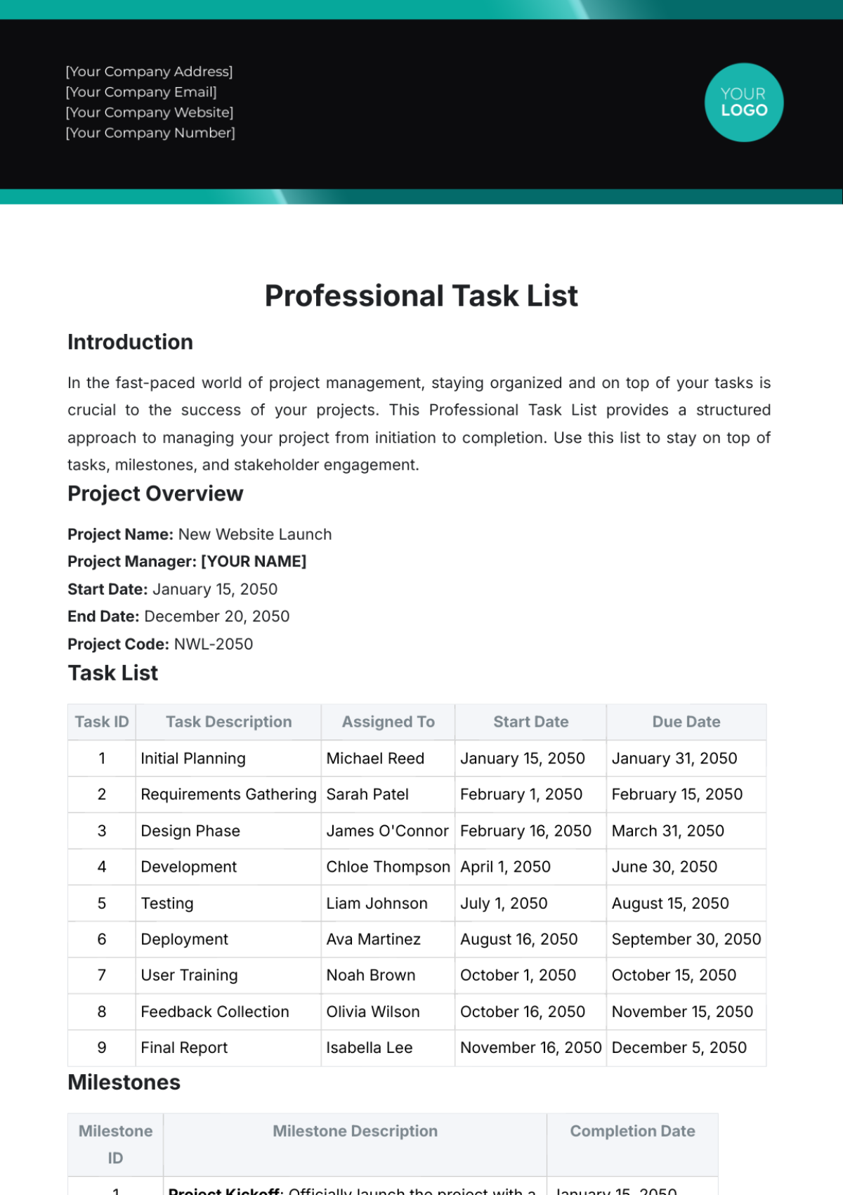 Free Professional Task List Template