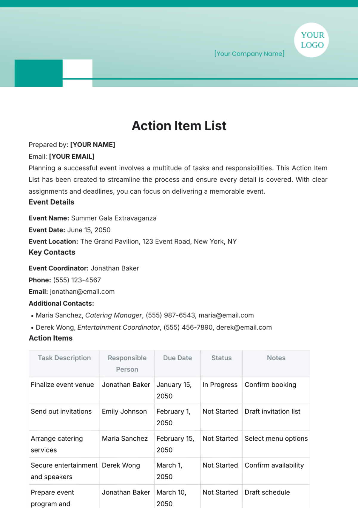 Free Action Item List Template