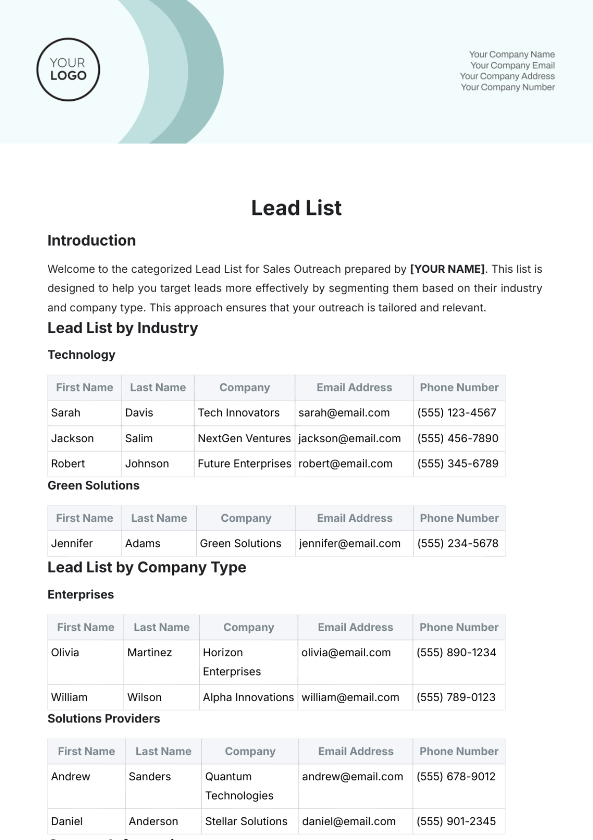 Free Lead List Template