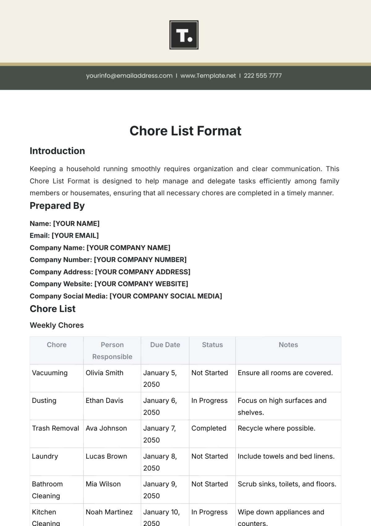 Free Chore List Format Template