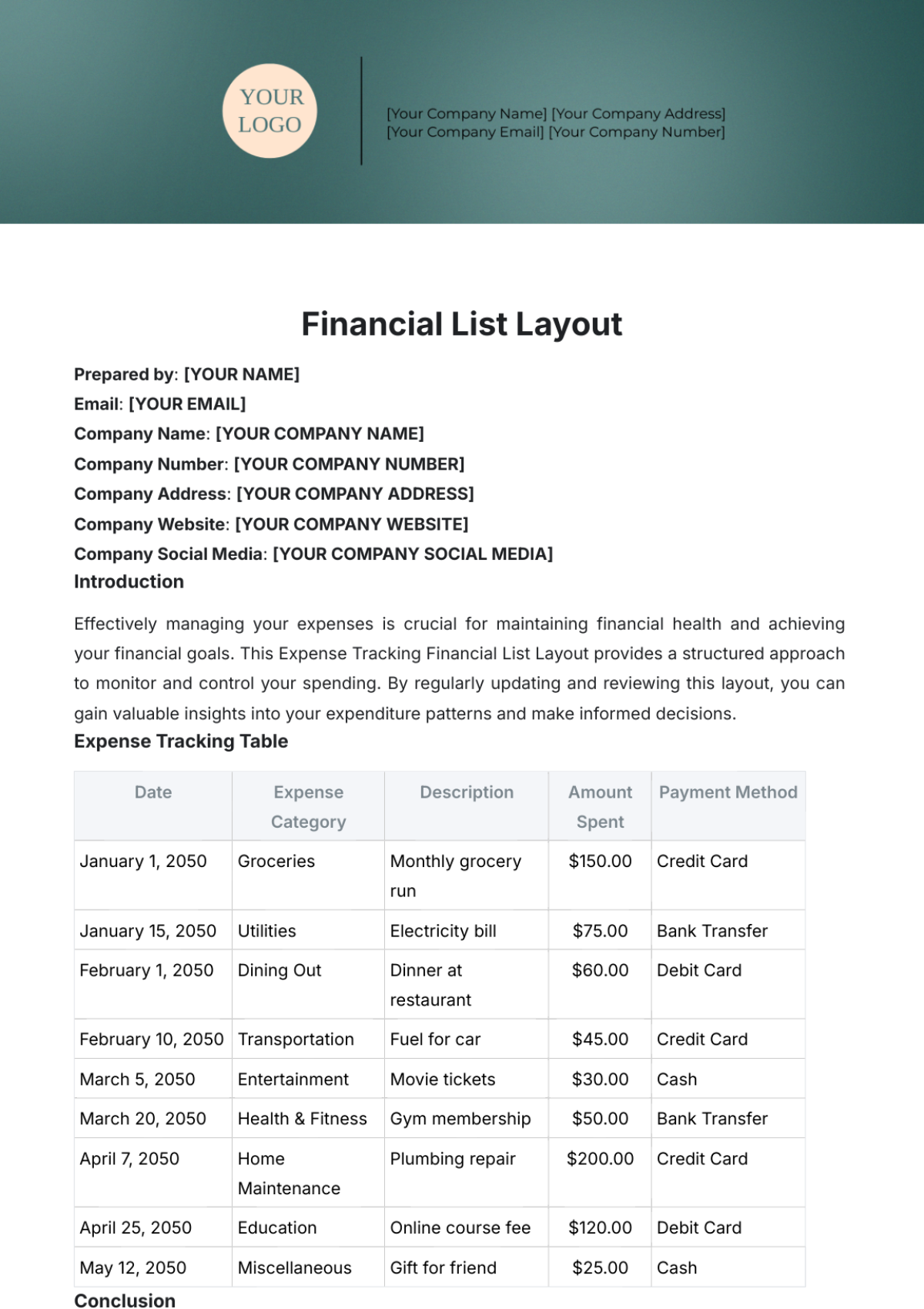 Free Financial List Layout Template