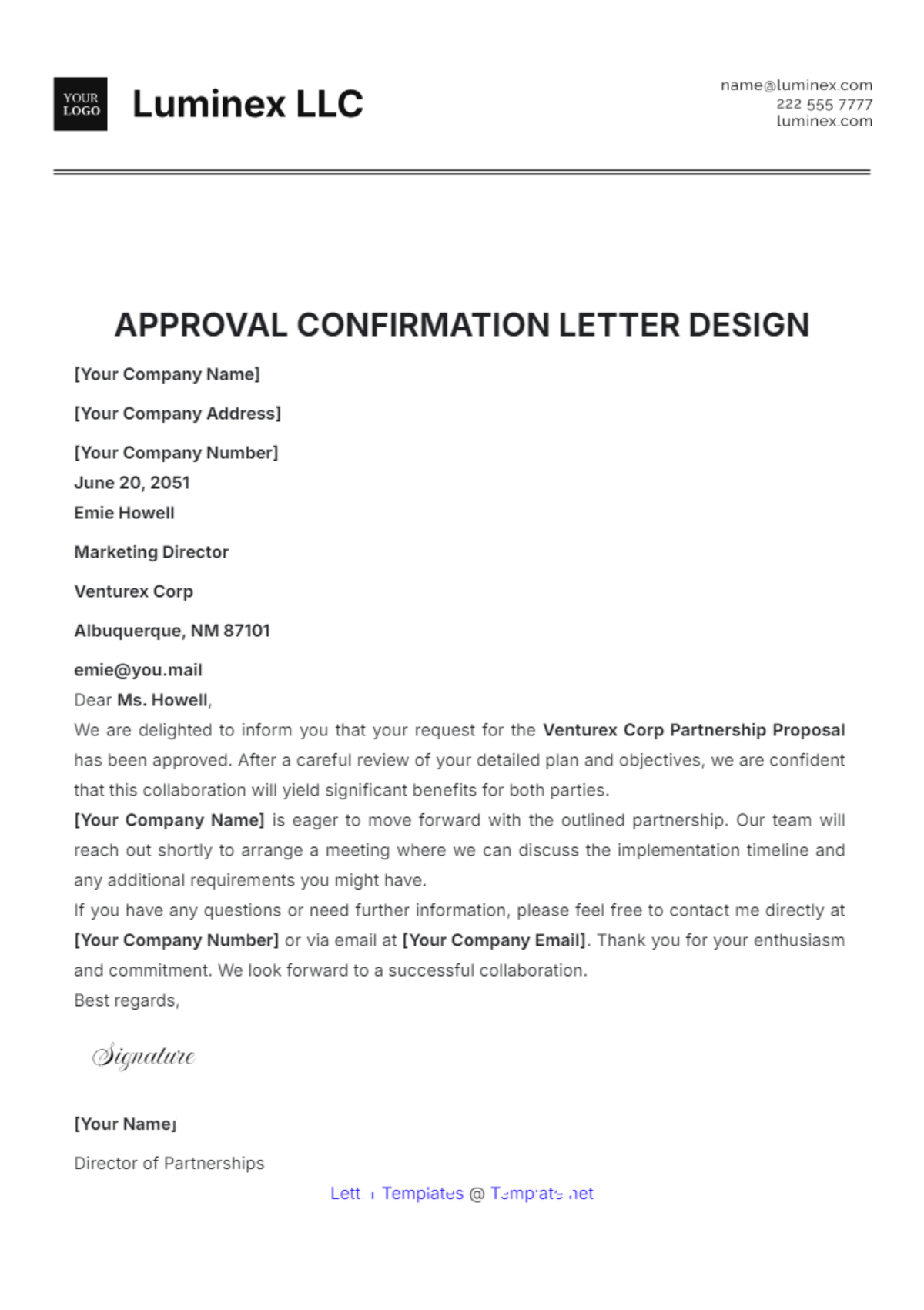 Free Approval Confirmation Letter Design Template