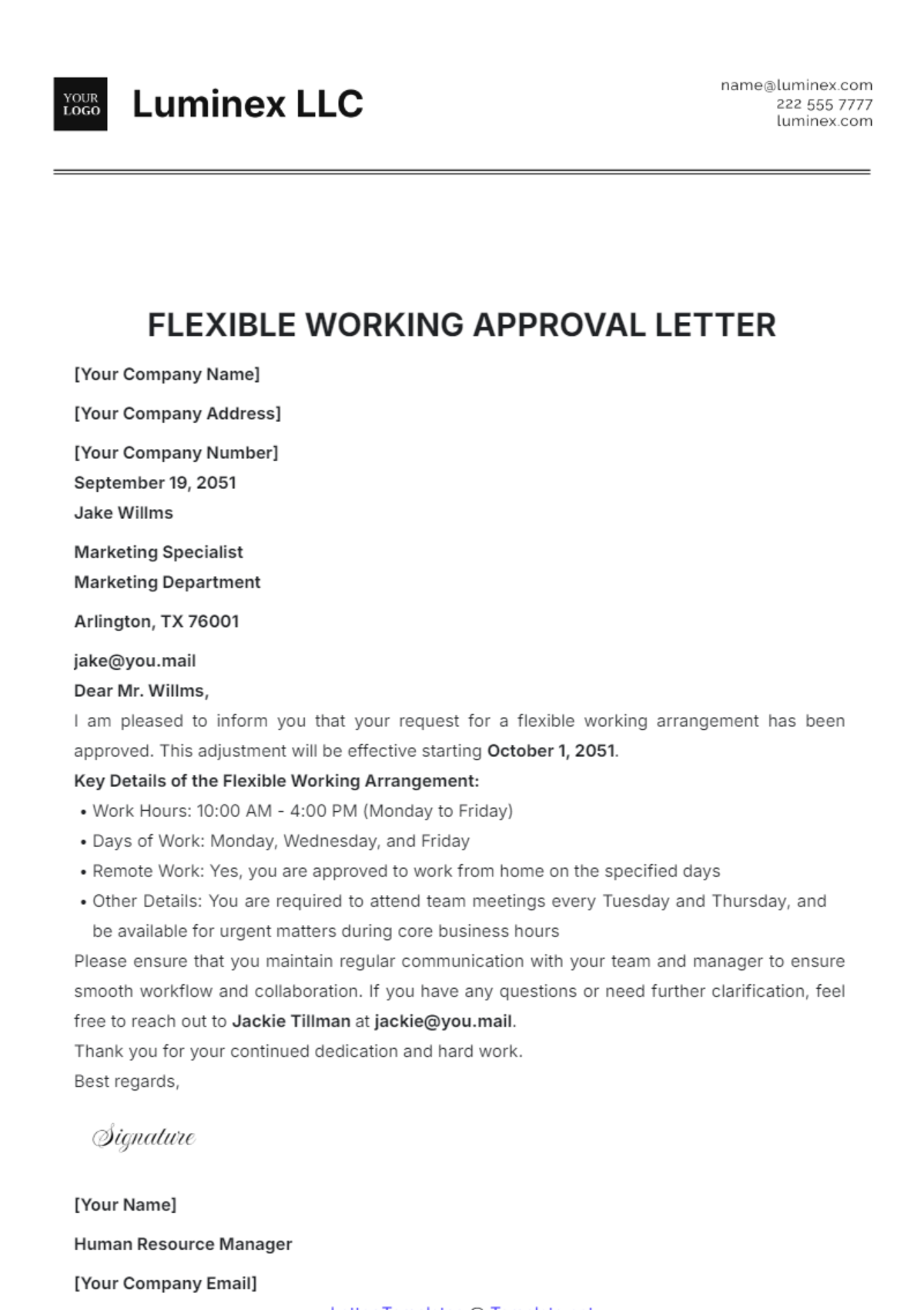 Free Flexible Working Approval Letter Template