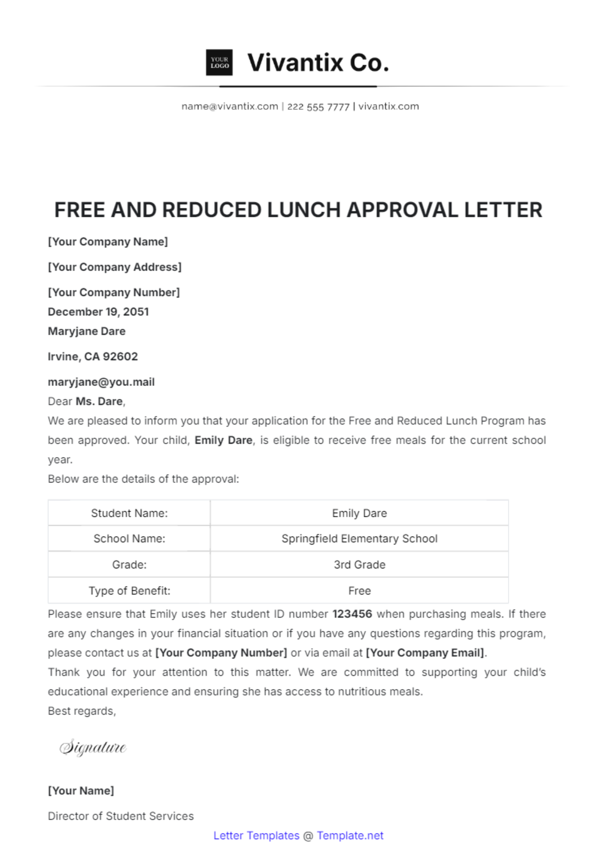 Free and Reduced Lunch Approval Letter Template