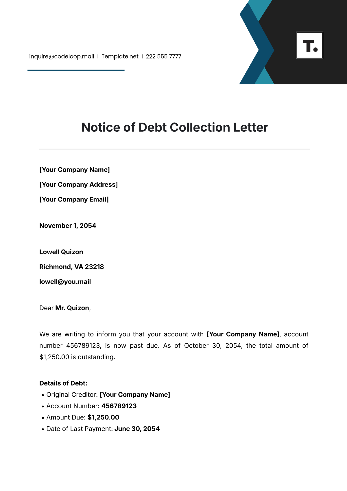 Free Notice of Debt Collection Letter Template