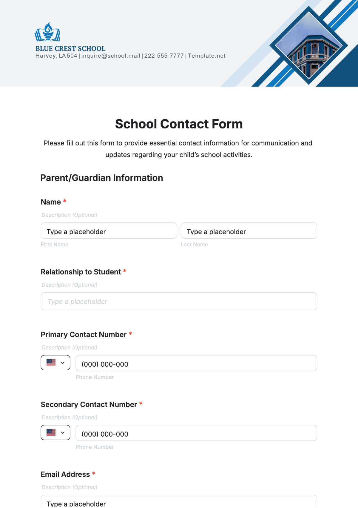 School Contact Form Template - Edit Online & Download