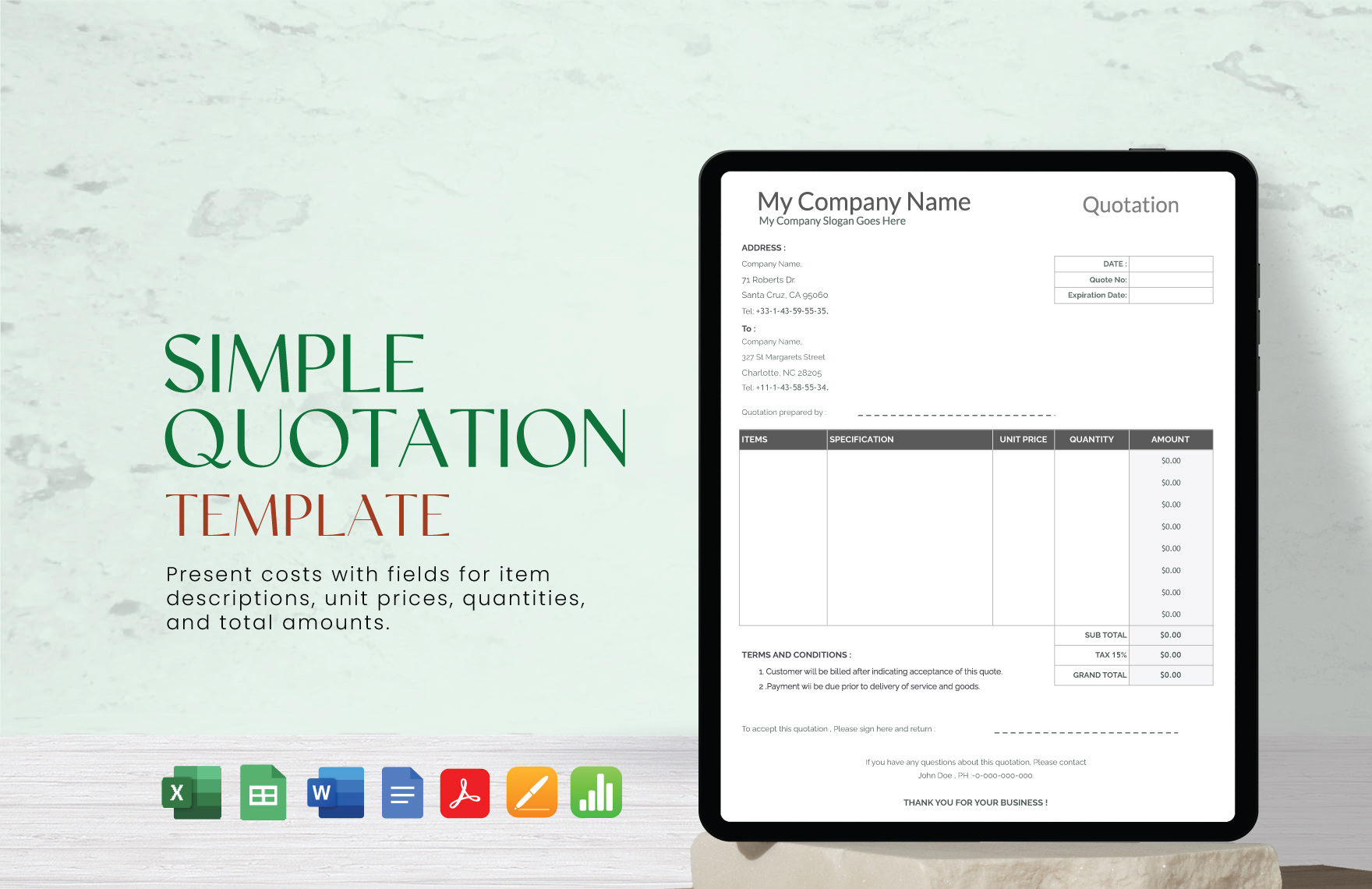 Simple Quotation Template in Google Sheets, Apple Numbers, PDF, Word, Excel, Apple Pages, Google Docs - Download | Template.net