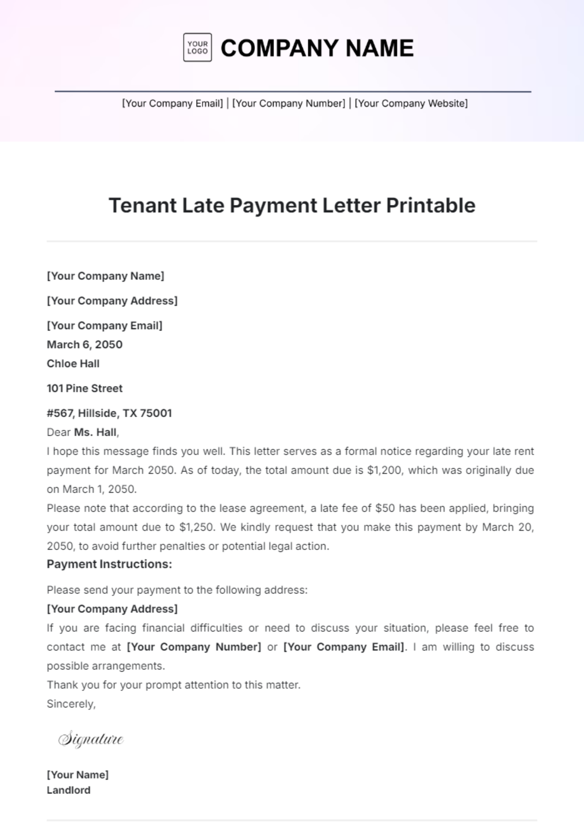 Free Tenant Late Payment Letter Printable Template