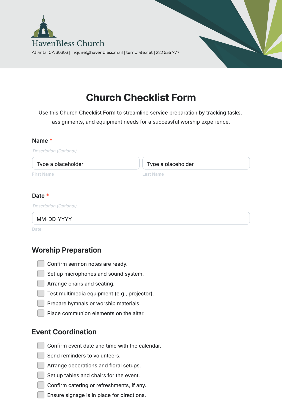 Church Checklist Form Template - Edit Online & Download