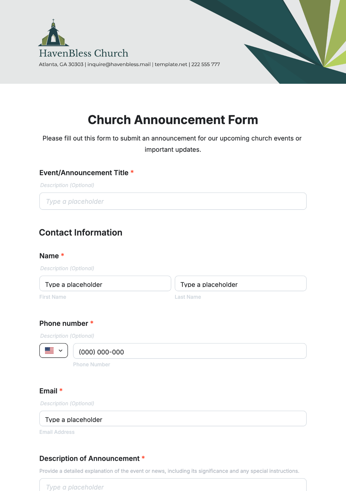 Church Announcement Form Template - Edit Online & Download