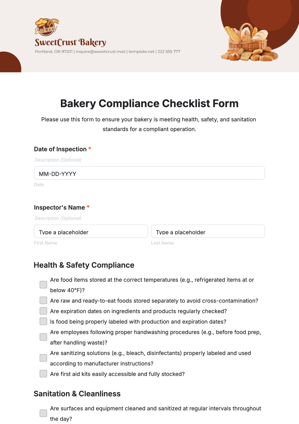 Free Bakery Compliance Checklist Form Template to Edit Online