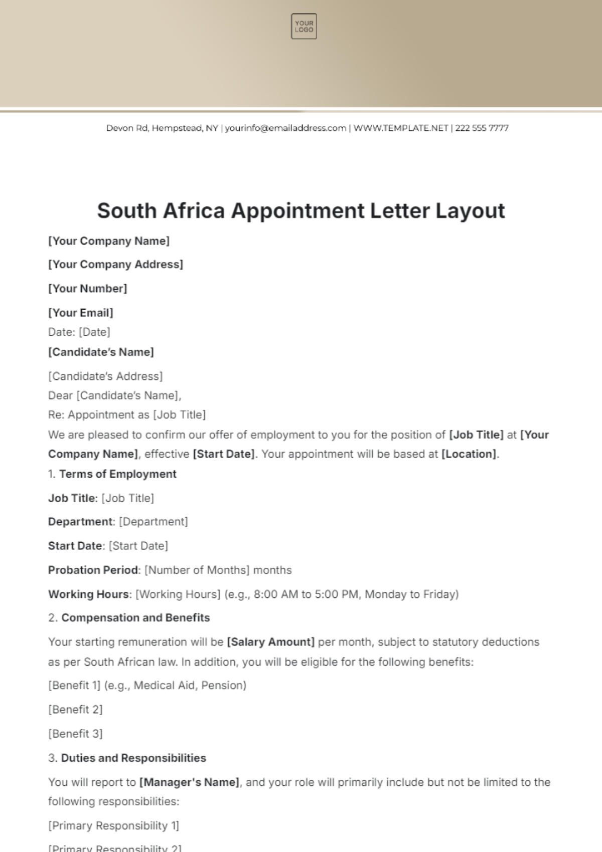 Free South Africa Appointment Letter Layout Template