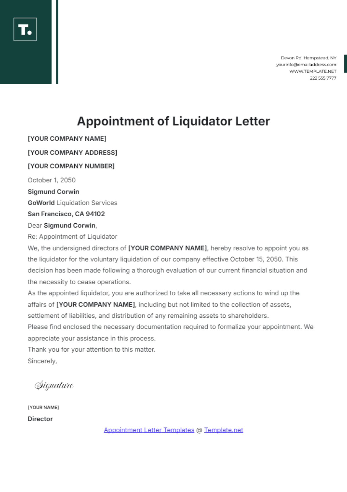 Free Appointment of Liquidator Letter Template