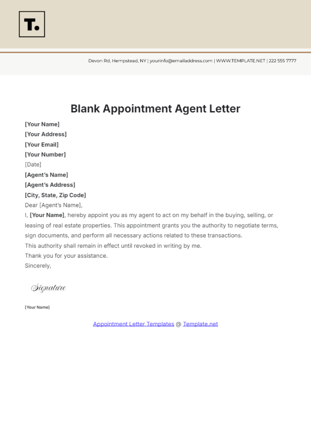 Free Blank Appointment Agent Letter Template