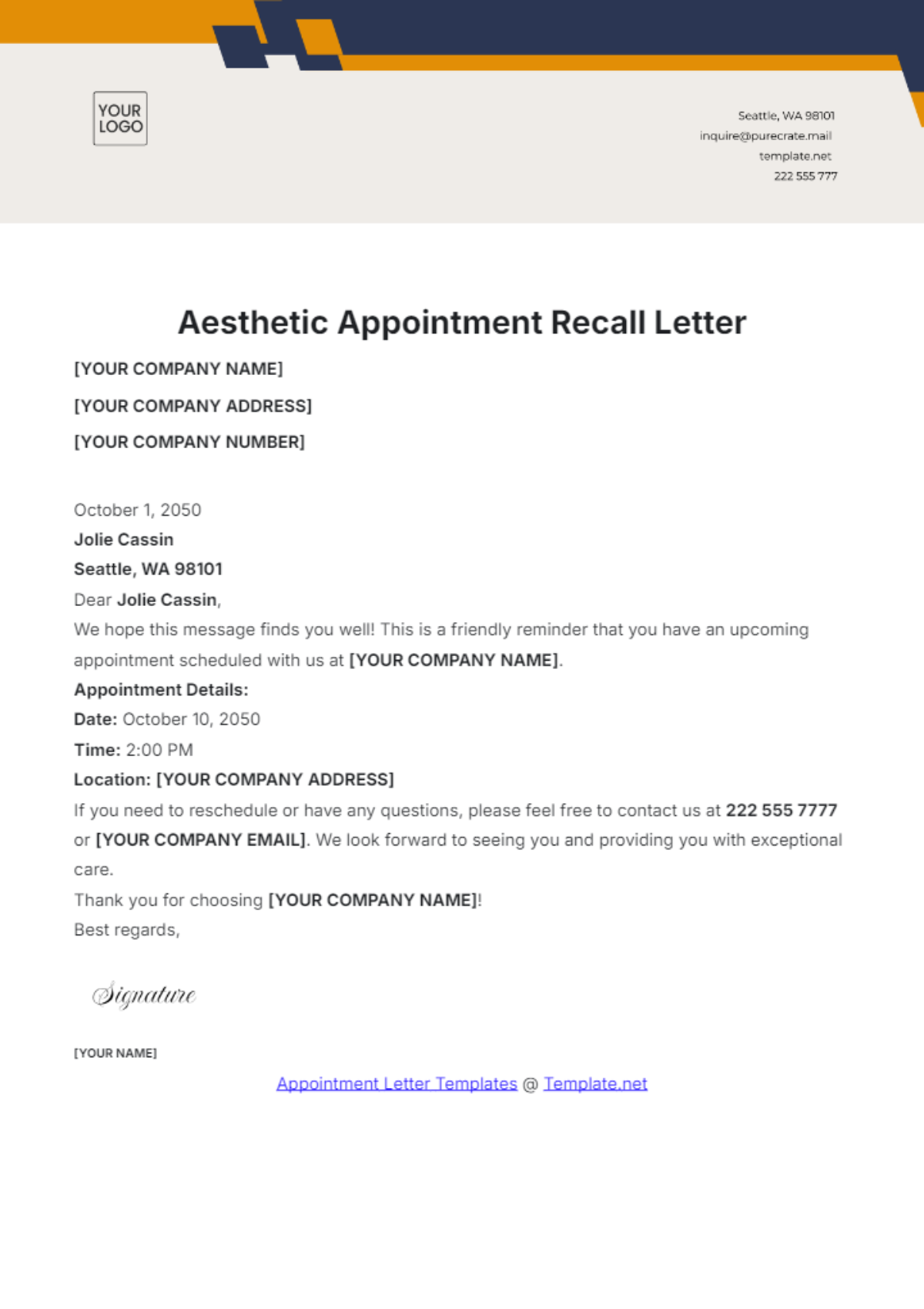 Free Aesthetic Appointment Recall Letter Template