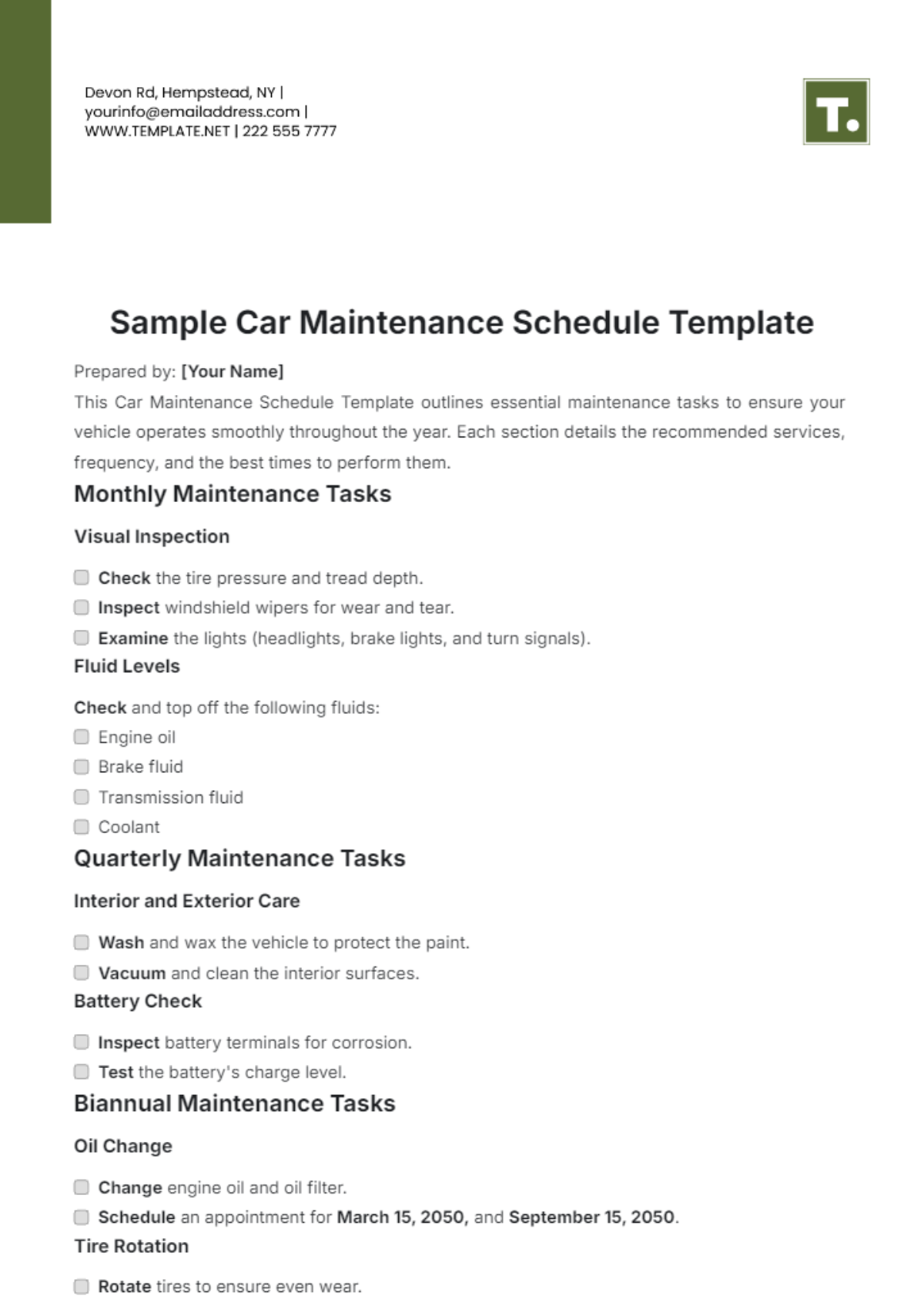 Free Sample Car Maintenance Schedule Template