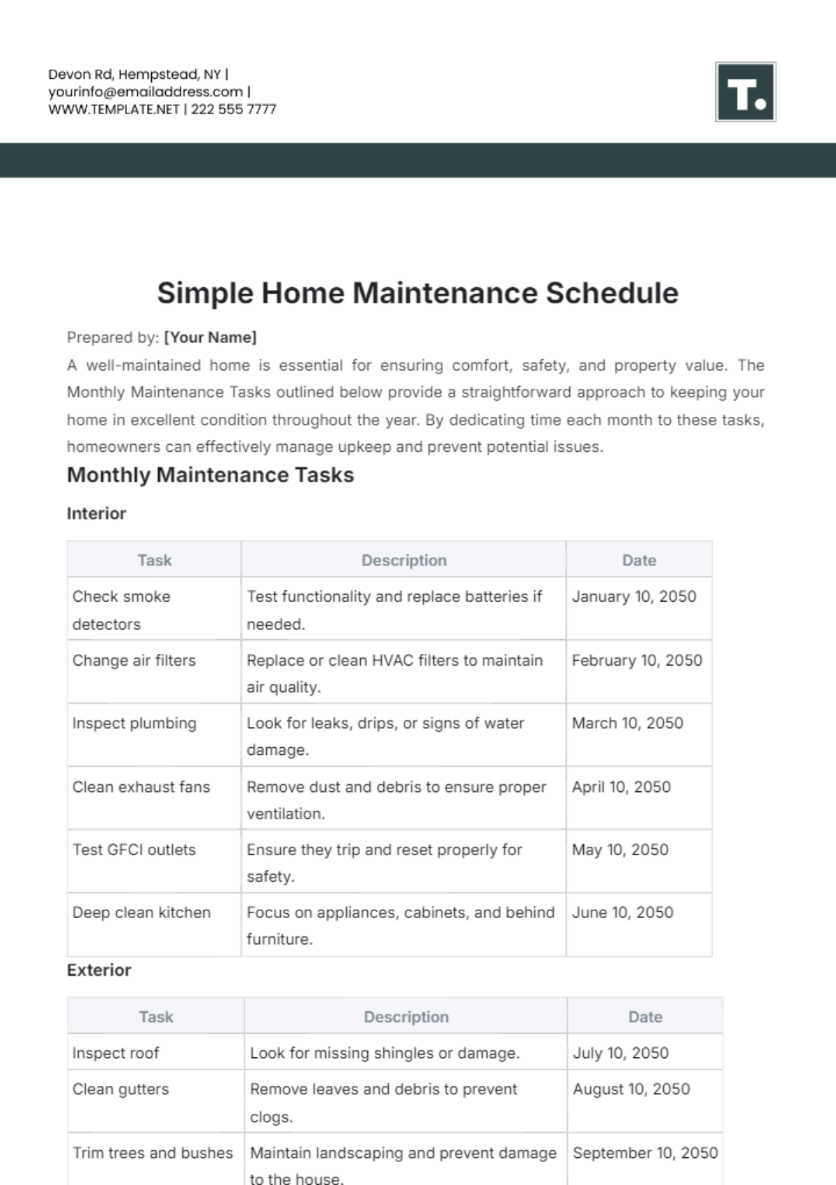 Free Simple Home Maintenance Schedule Template