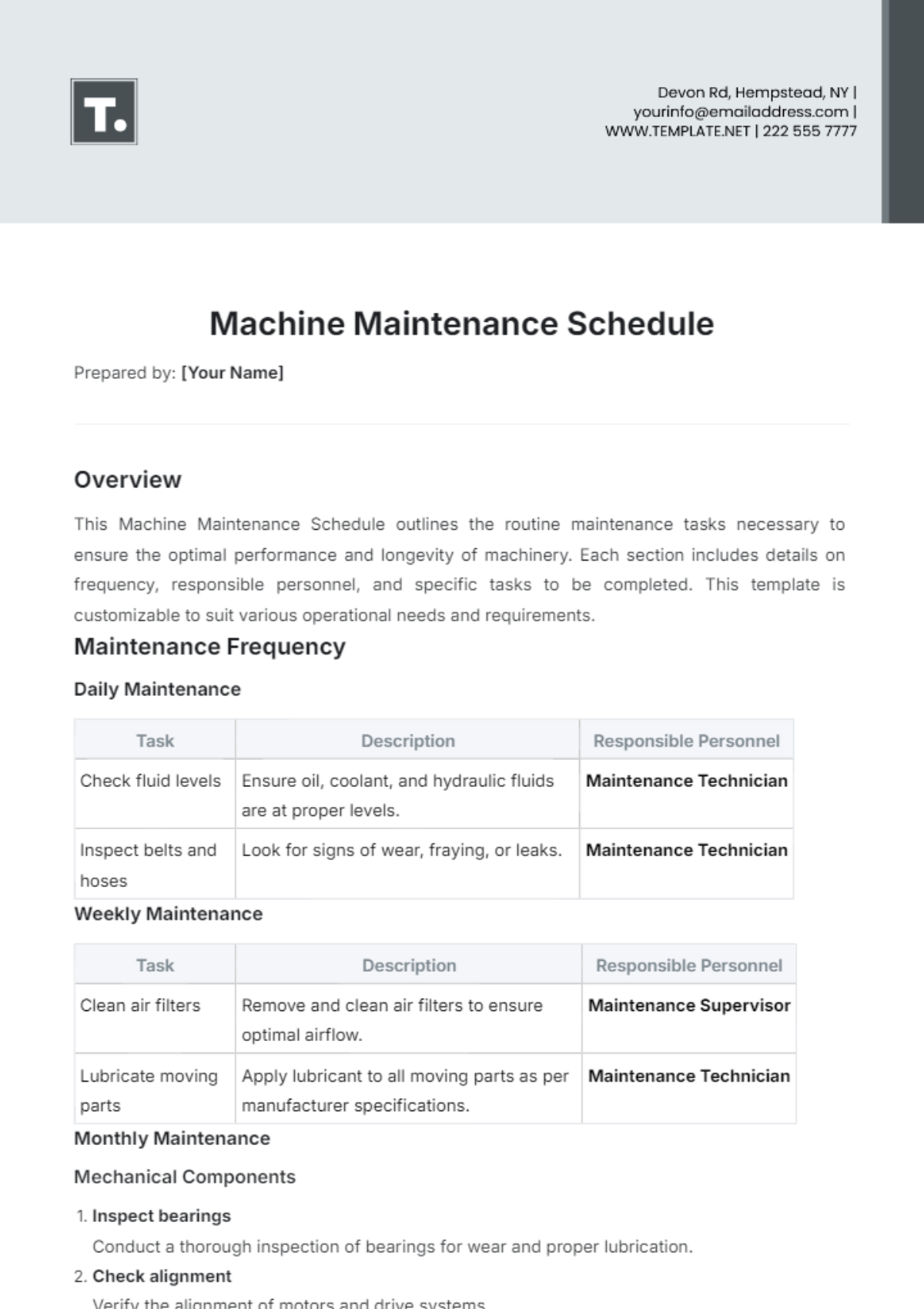 Free Machine Maintenance Schedule Template