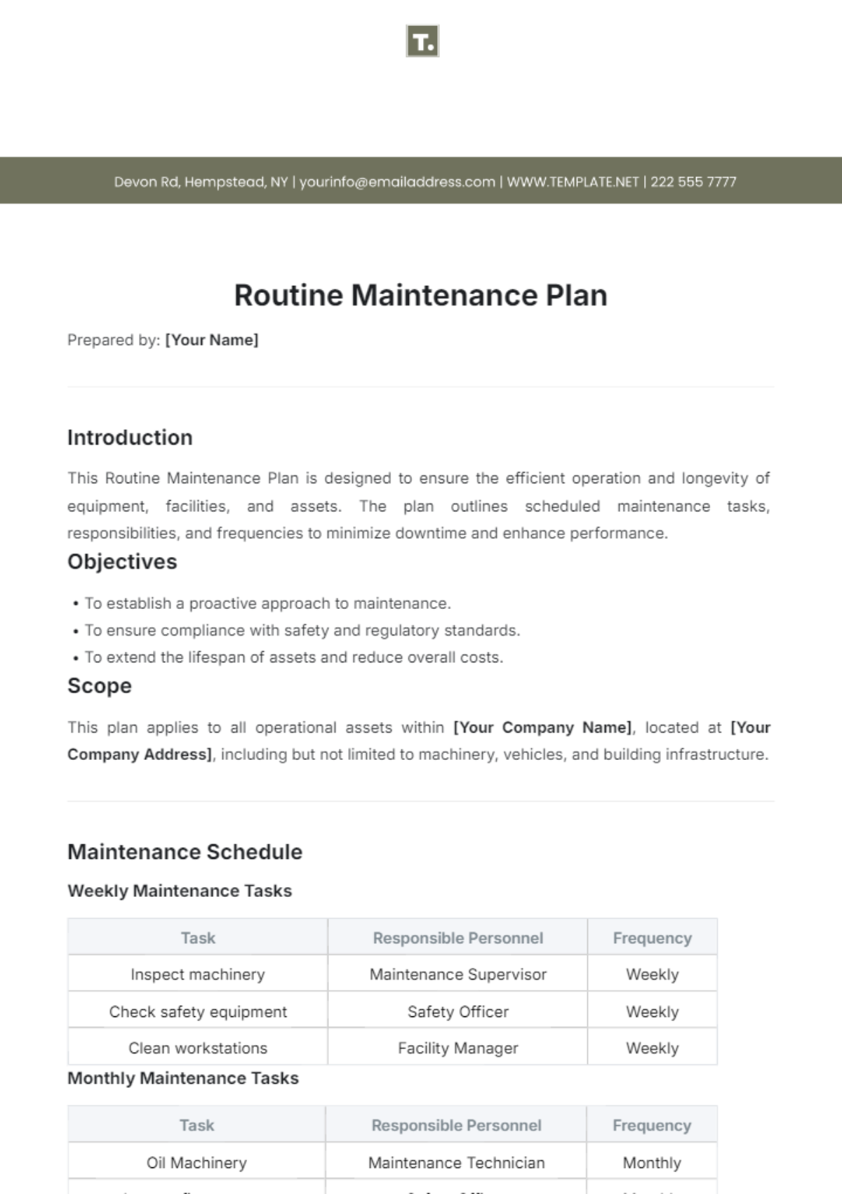 Free Routine Maintenance Plan Template