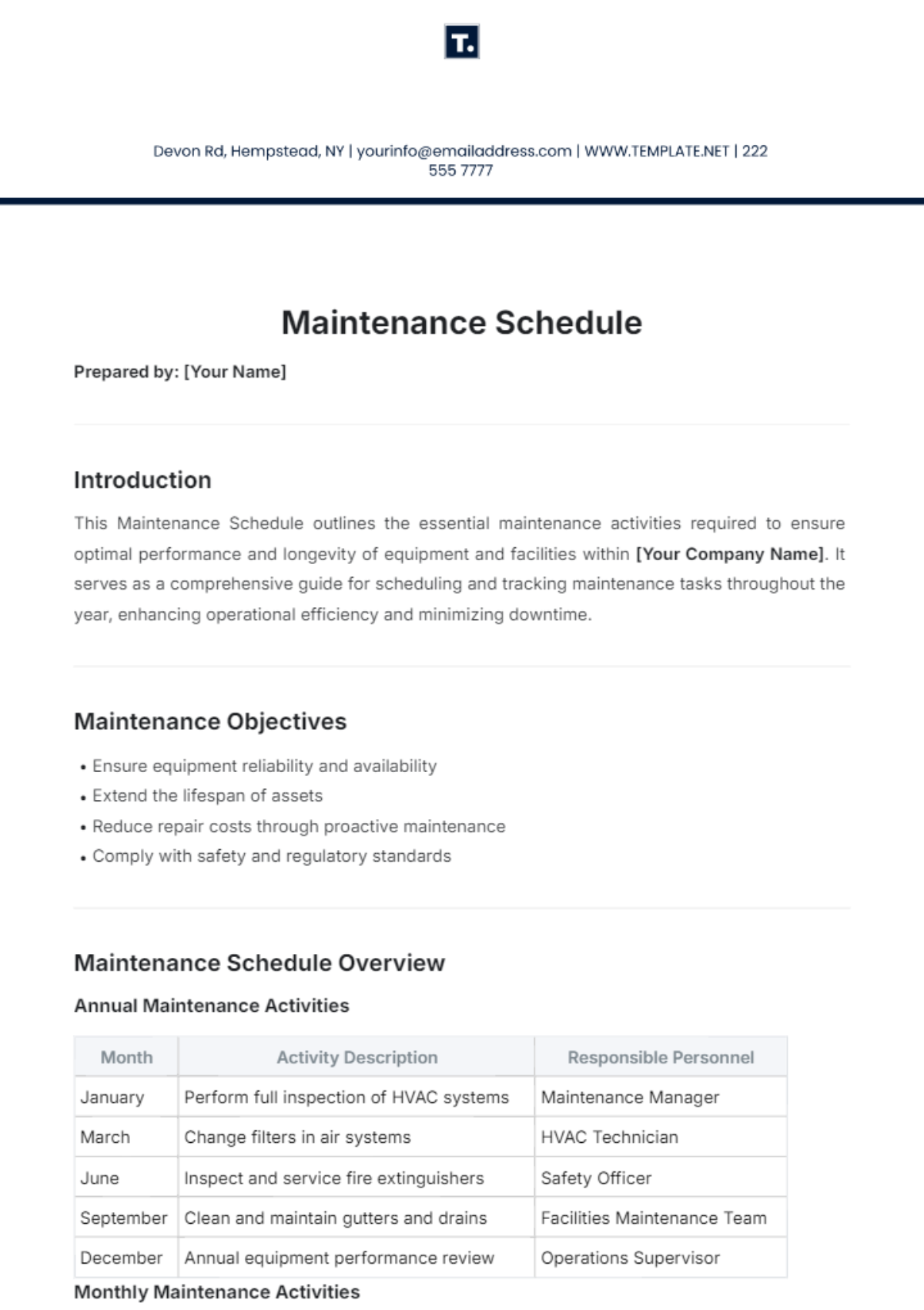 Free Maintenance Plan Template