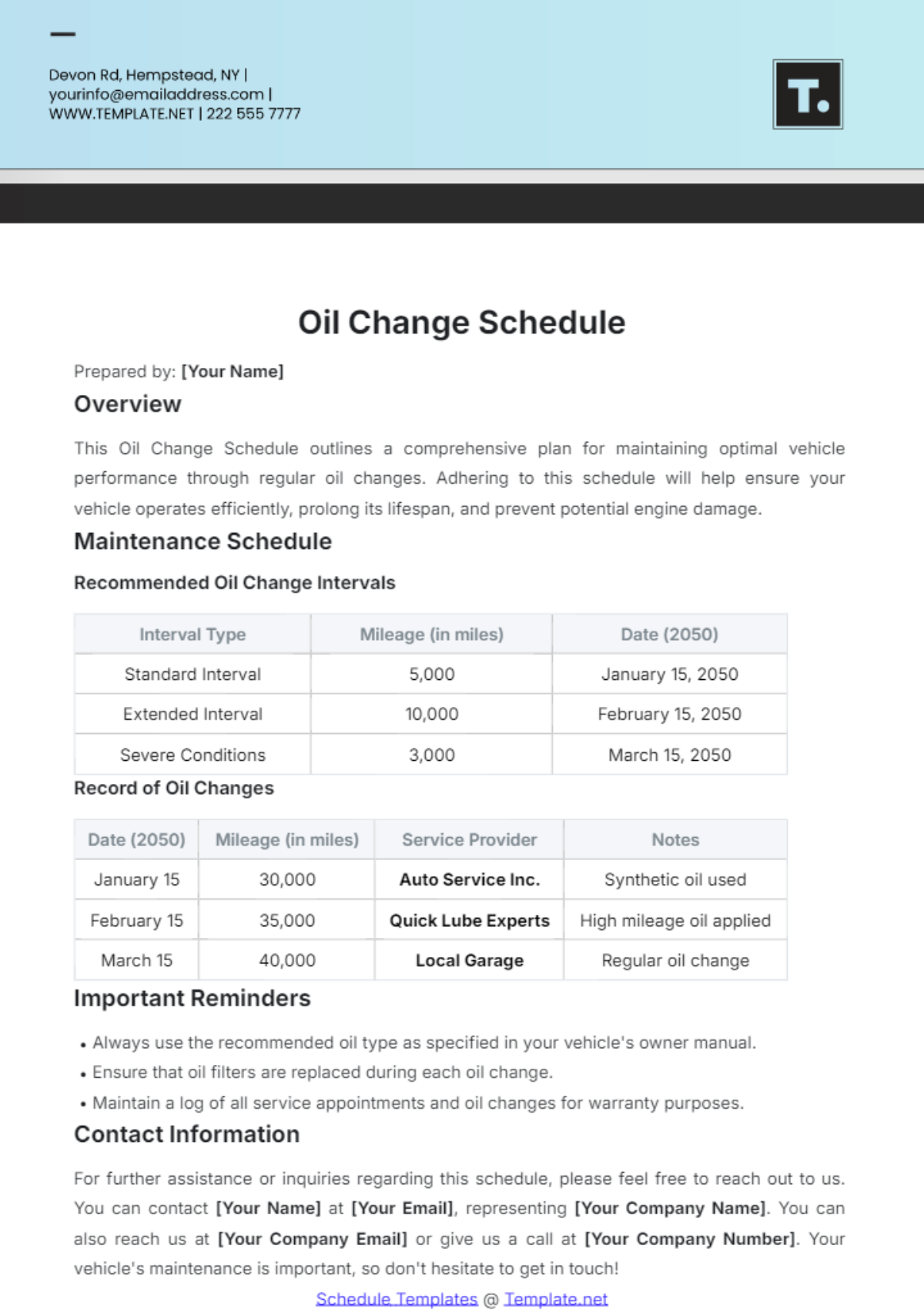 Free Oil Change Schedule Template