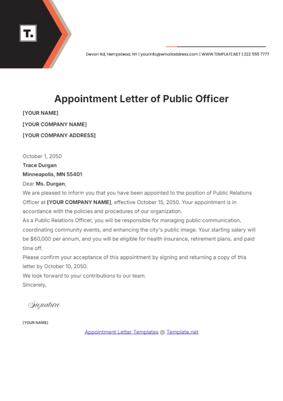 Free Appointment Letter of Public Officer Template