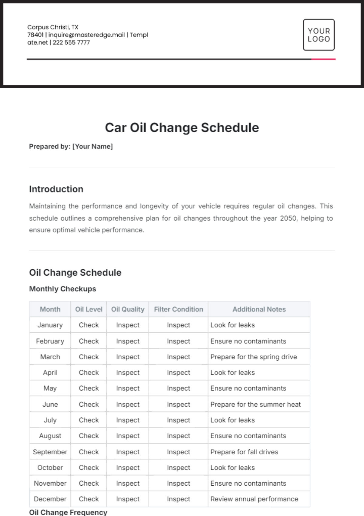 Free Car Oil Change Schedule Template