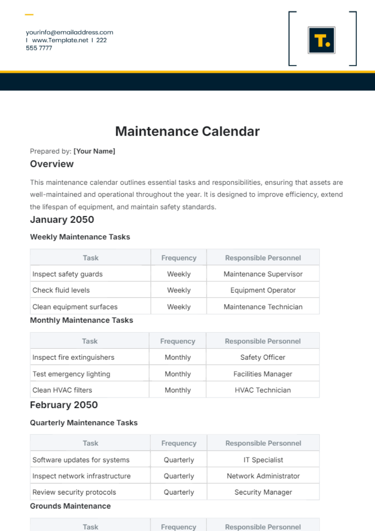 Free Maintenance Calendar Template