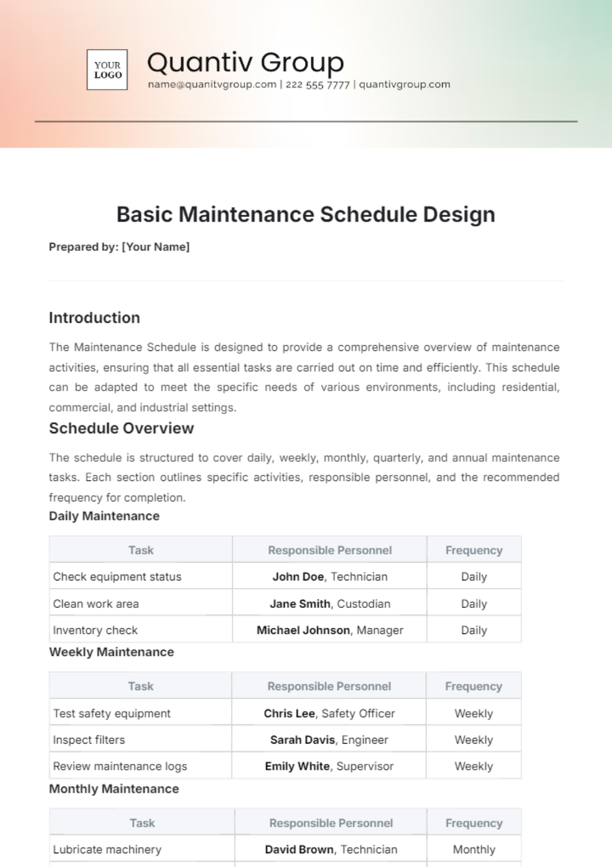 Free Basic Maintenance Schedule Design Template