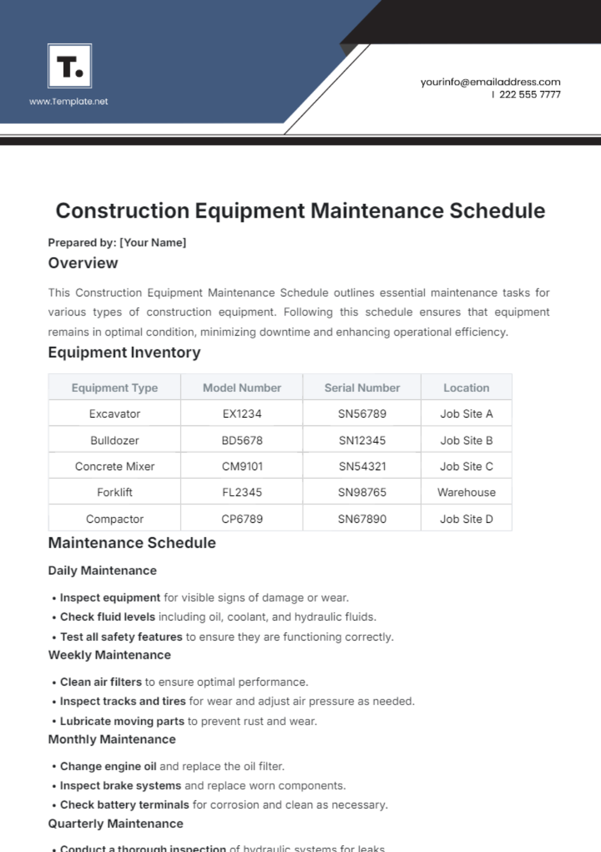 Free Construction Equipment Maintenance Schedule Template