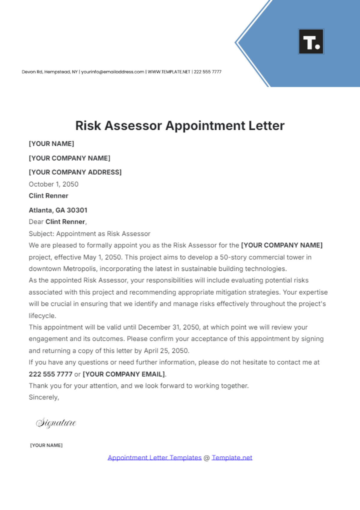 Free Risk Assessor Appointment Letter Template