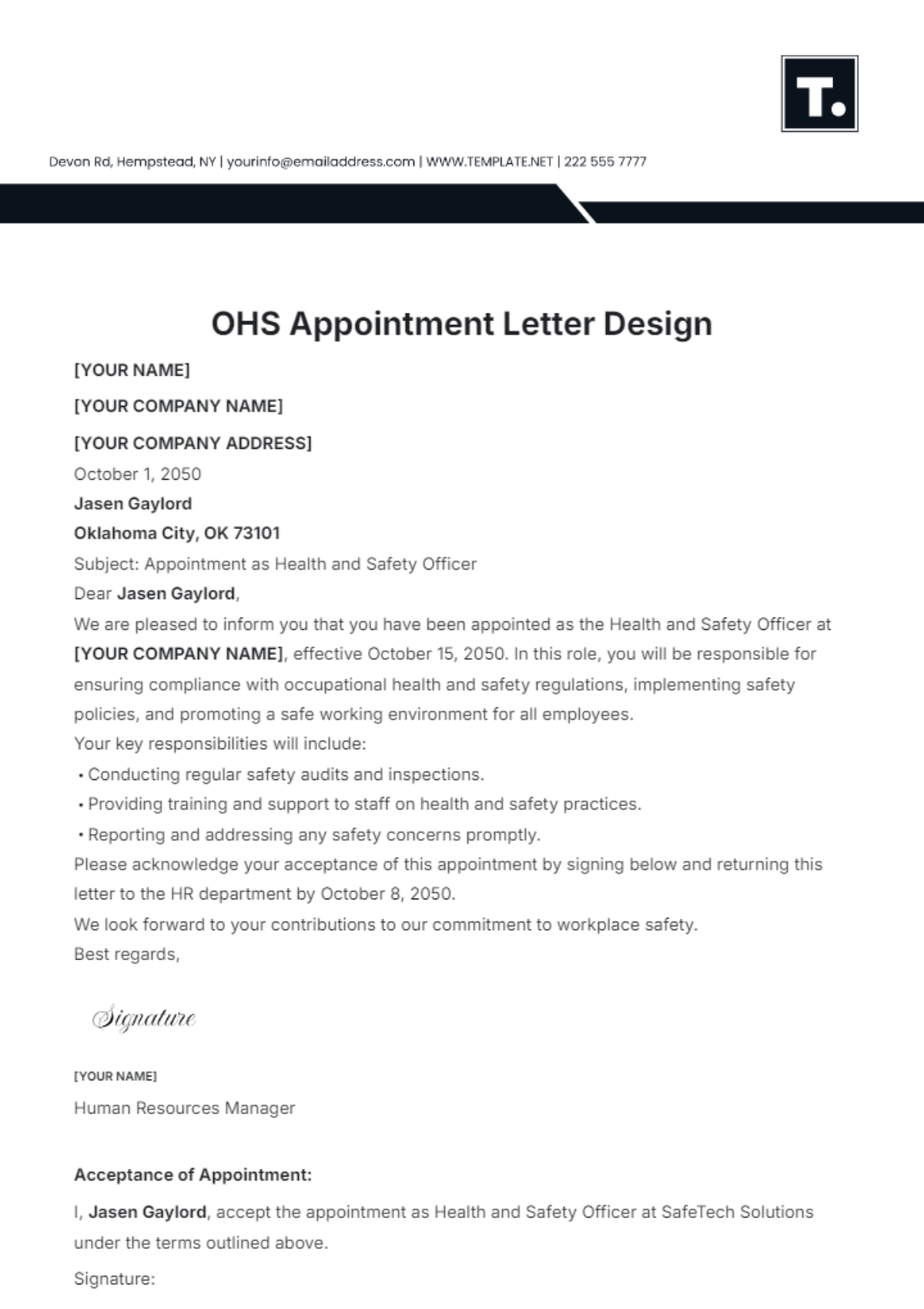 Free OHS Appointment Letter Design Template