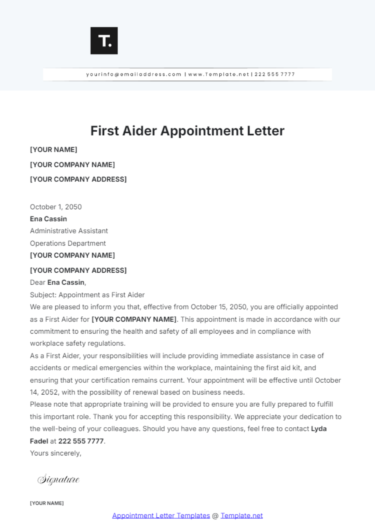 Free First Aider Appointment Letter Template