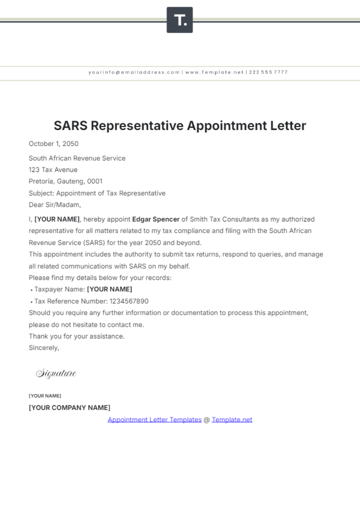 Free SARS Representative Appointment Letter Template