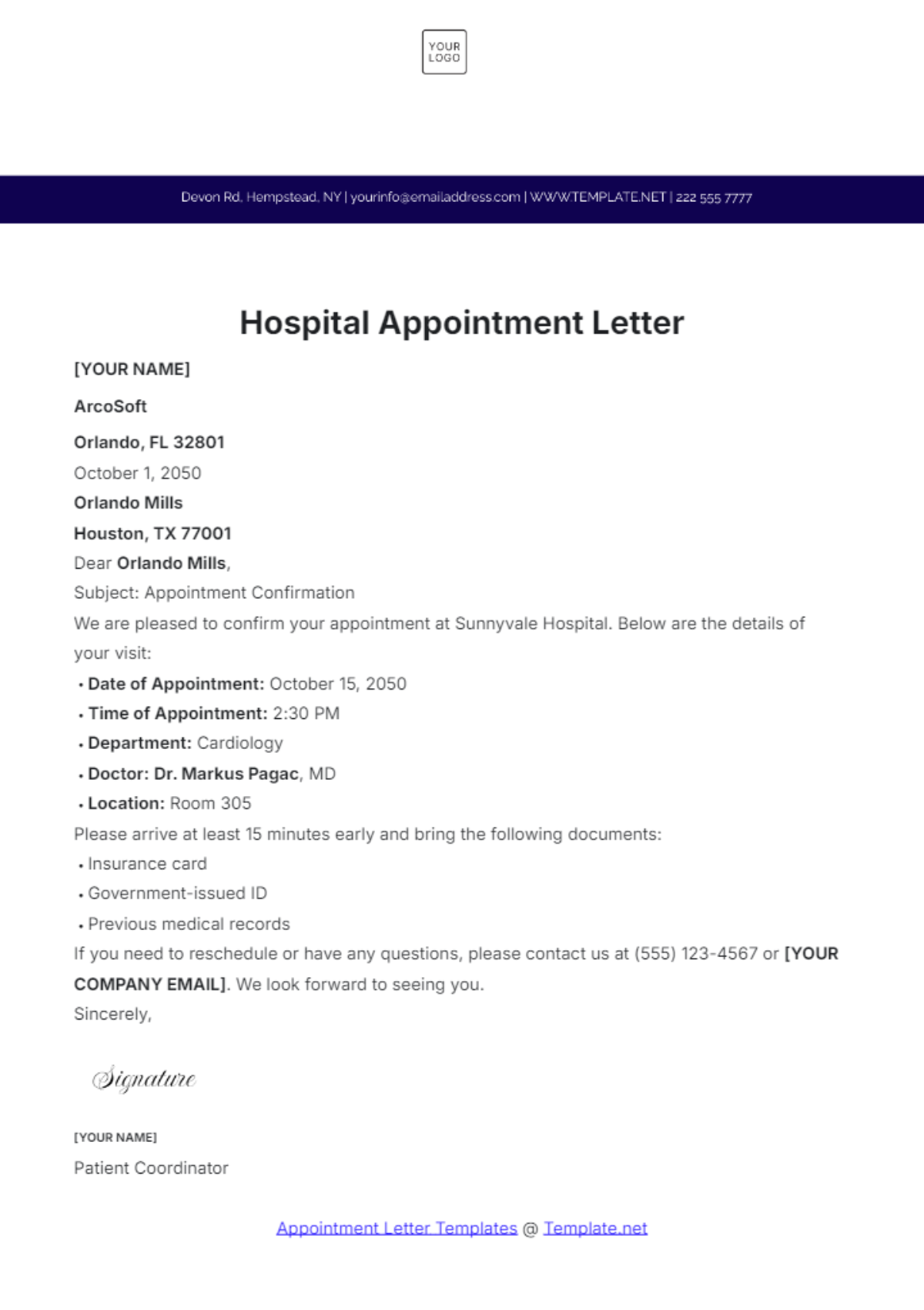 Free Hospital Appointment Letter Template