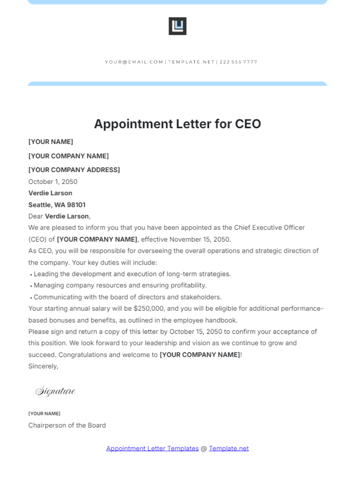 Free Appointment Letter for CEO Template