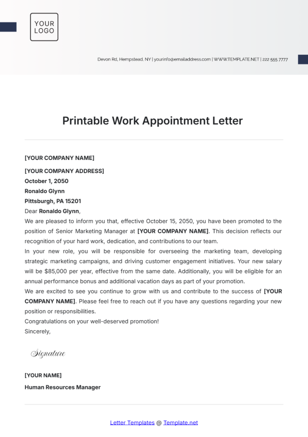 Free Printable Work Appointment Letter Template