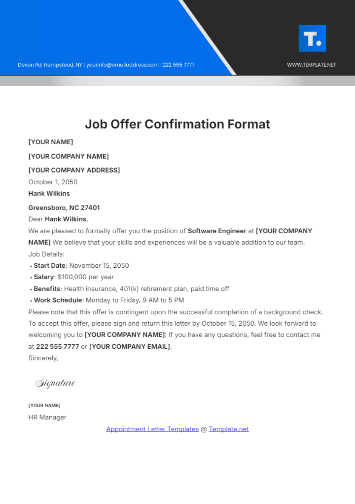 Free Job Offer Confirmation Format Template