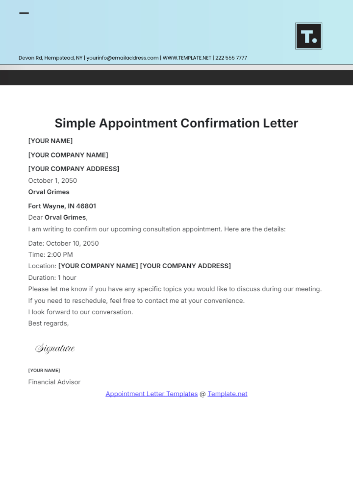 Free Simple Appointment Confirmation Letter Template