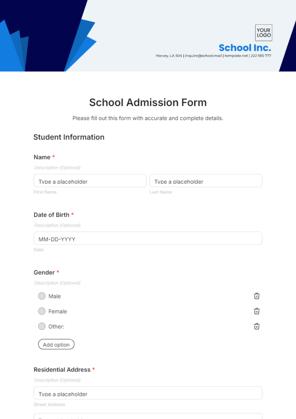 Free School Admission Form Template